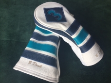 Our Champion Stripe Reserve custom style is a fan favorite among Cru loyalists. This customer used Pure White body with Navy and Turquoise accents to create something unique. email Tabitha@crugolf.com to help you design a one-of-kind headcover!